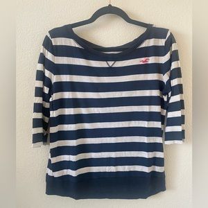Hollister 3/4 Sleeve White and Blue Stripe Small Shirt